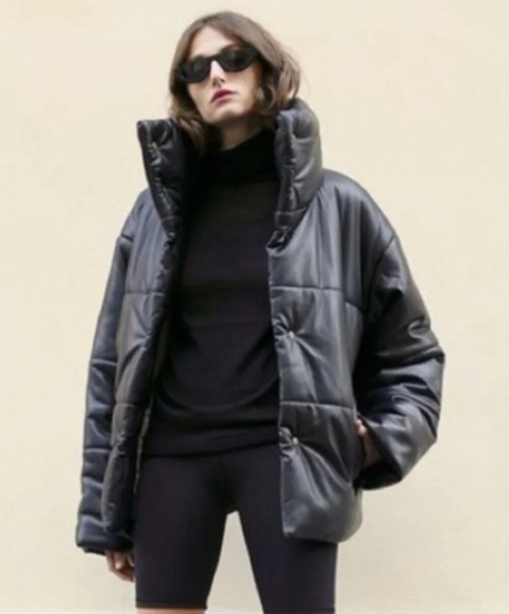 NVLT Black Vegan Faux Leather Puffer Jacket Medium Snap Front Stand Collar